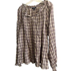 CHAPS Womens XXL Plaid Peasant Style Blouse Cotton Long Sleeve
